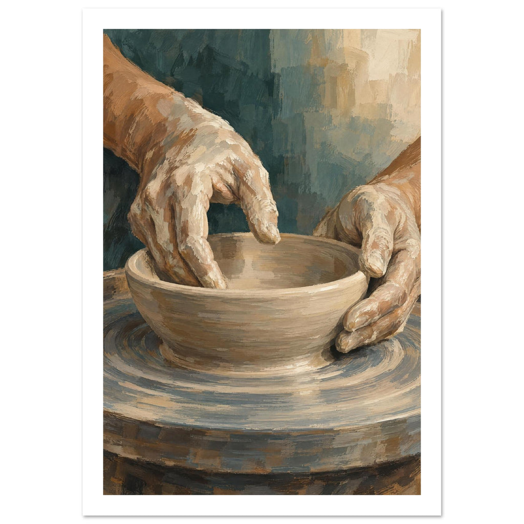 Clay-covered hands shaping a beige bowl on a potter’s wheel, painted with textured brushstrokes against muted teal.