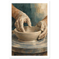 Clay-covered hands shaping a beige bowl on a potter’s wheel, painted with textured brushstrokes against muted teal.