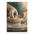 Clay-covered hands shaping a beige bowl on a potter’s wheel, painted with textured brushstrokes against muted teal.