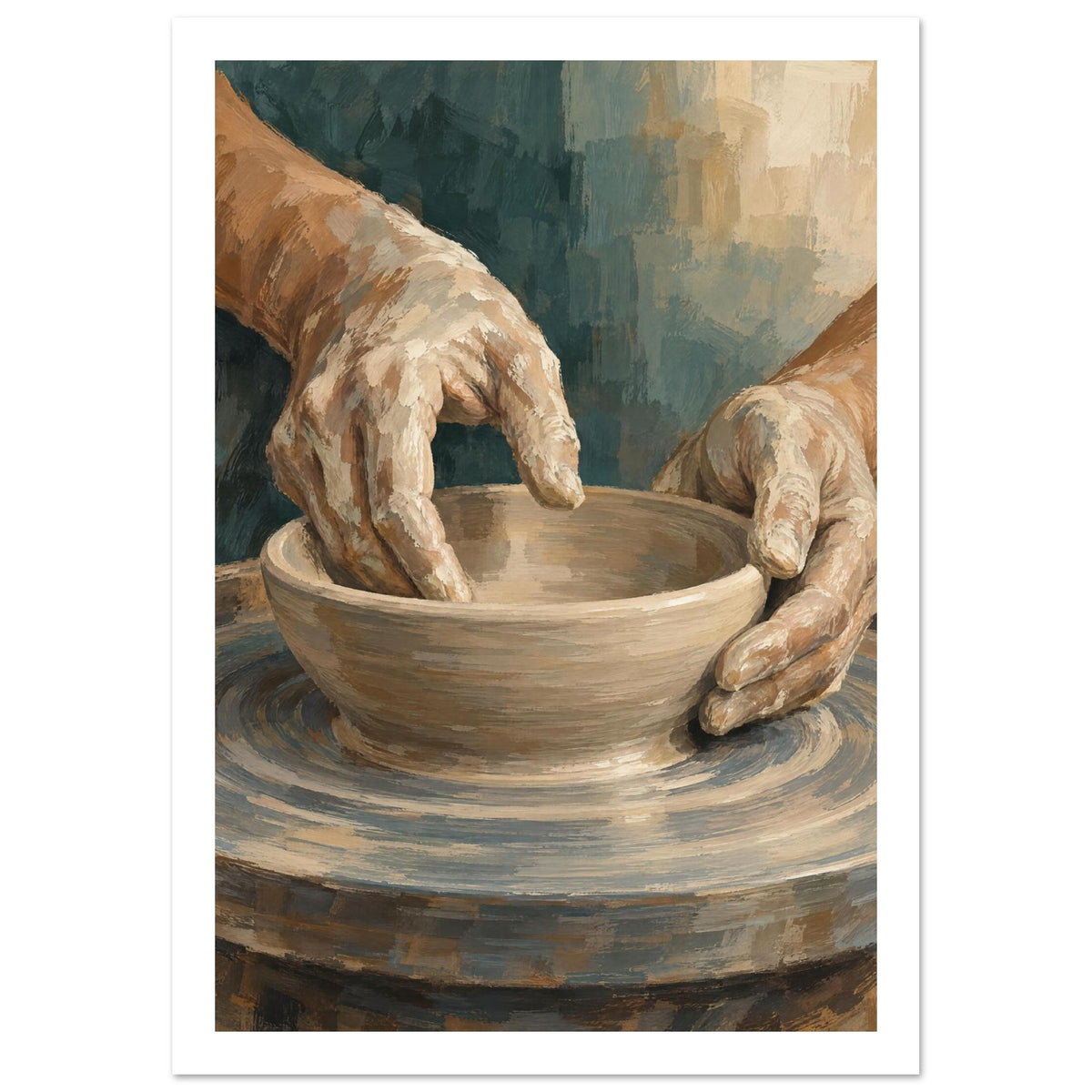 Clay-covered hands shaping a beige bowl on a potter’s wheel, painted with textured brushstrokes against muted teal.