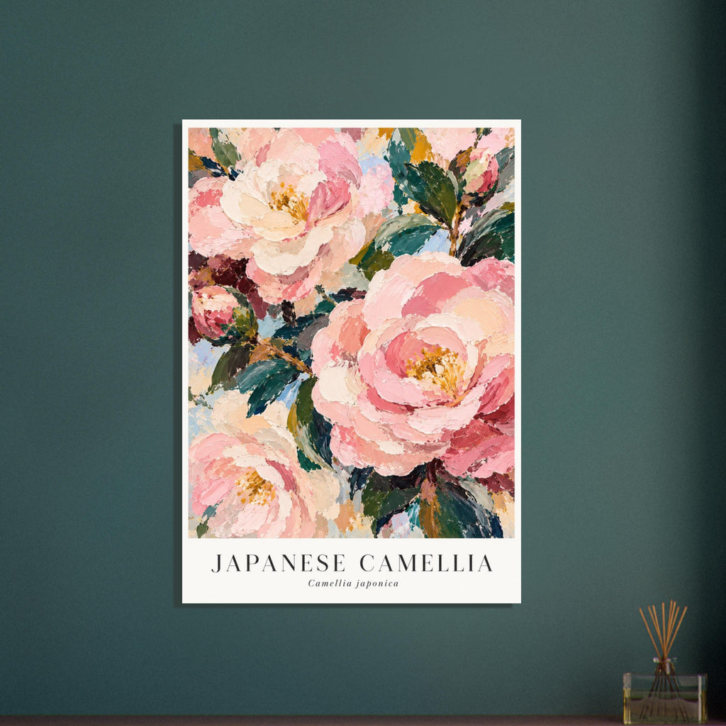 Pink and cream camellia flowers with green leaves and textured brushwork above Japanese Camellia and Camellia japonica letter
