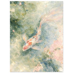 Long-finned koi with coral and dark markings swimming among lily pads in pale green, blue and blush watercolour washes.