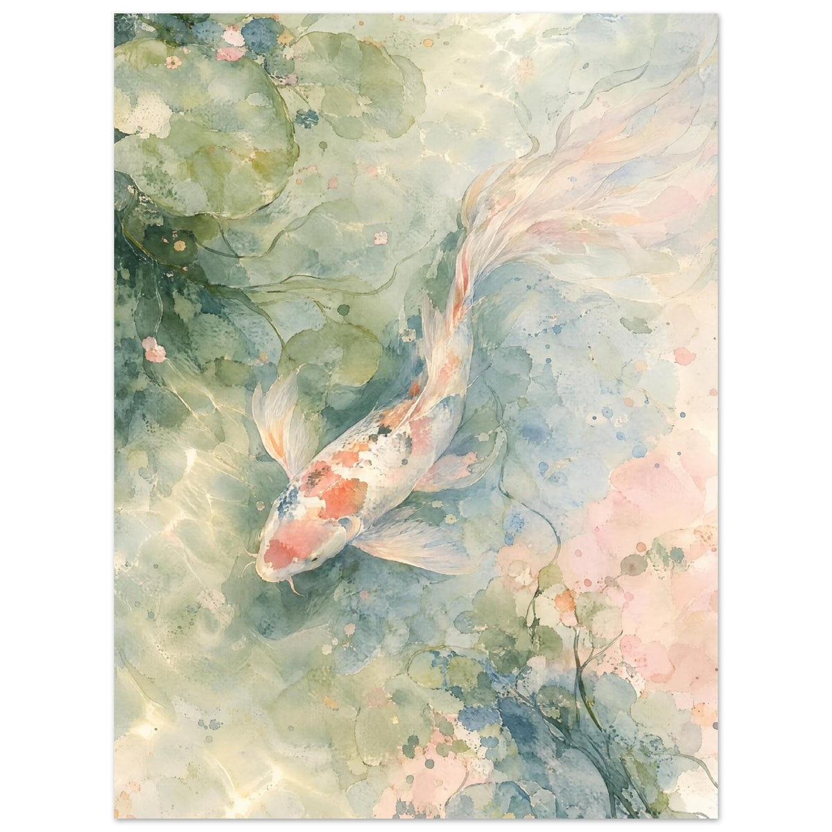 Long-finned koi with coral and dark markings swimming among lily pads in pale green, blue and blush watercolour washes.