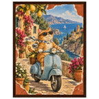 Orange cat in sunglasses and a scarf on a blue scooter, with lemons, flowers, coastal buildings and sailboats behind.
