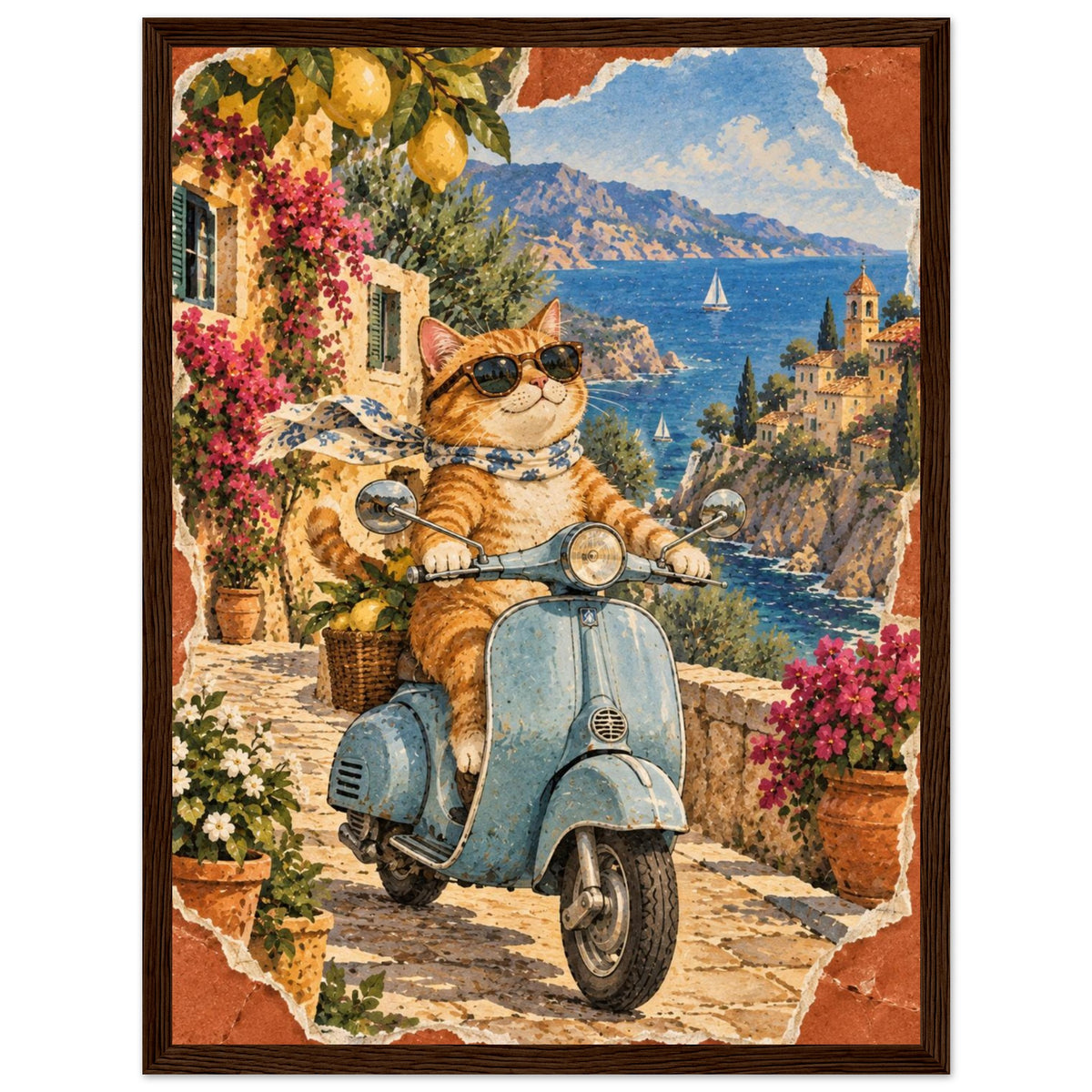 Orange cat in sunglasses and a scarf on a blue scooter, with lemons, flowers, coastal buildings and sailboats behind.