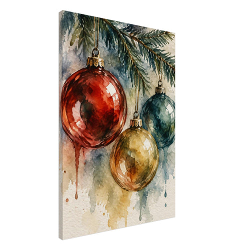 Red, teal and gold Christmas baubles hanging from an evergreen branch, painted in watercolour with trailing drips.