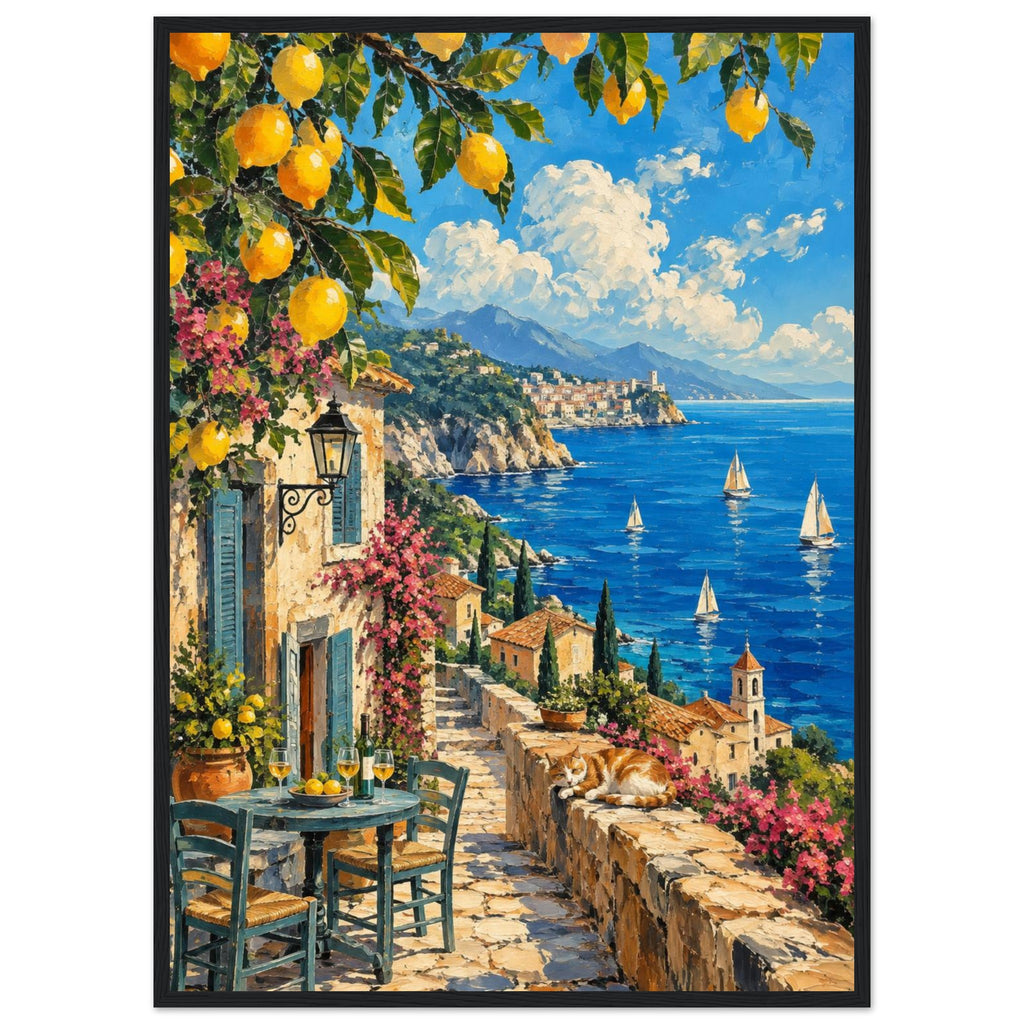 Lemon branches above a seaside terrace with a table, chairs and resting cat, overlooking sailboats and a coastal village.