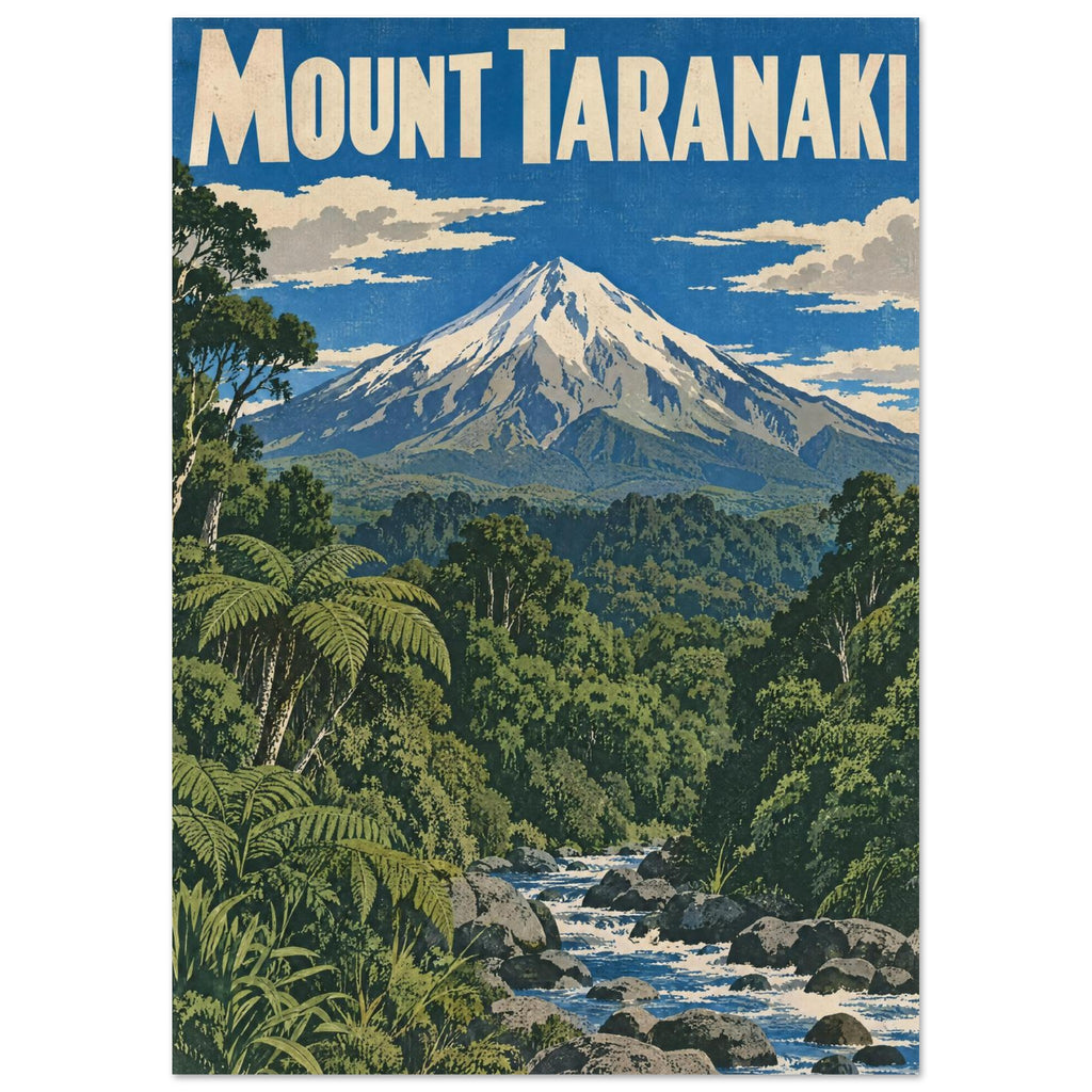 Mount Taranaki poster with cream lettering, a snow-capped mountain, green forest and a rocky stream beneath a blue sky.