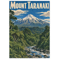 Mount Taranaki poster with cream lettering, a snow-capped mountain, green forest and a rocky stream beneath a blue sky.