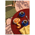 Two blue coffee cups, a peeled orange, spoon and yellow cloth on a red table beside a green woven chair and pink tiles.