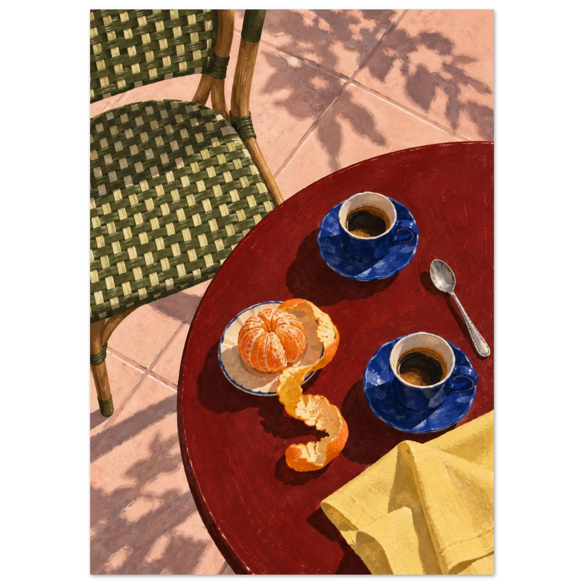Two blue coffee cups, a peeled orange, spoon and yellow cloth on a red table beside a green woven chair and pink tiles.