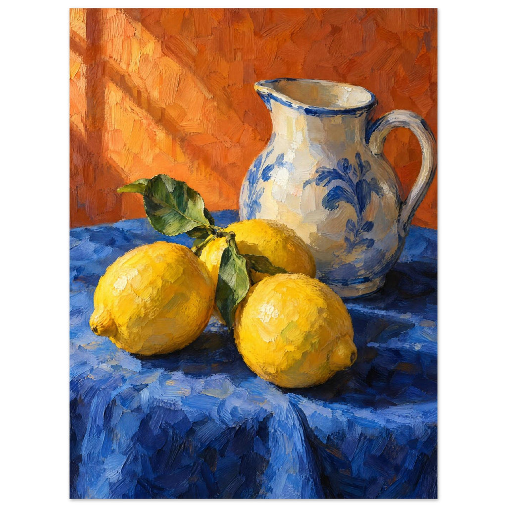 Three yellow lemons with green leaves beside a cream and blue floral jug on blue cloth against an orange background.