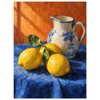 Three yellow lemons with green leaves beside a cream and blue floral jug on blue cloth against an orange background.