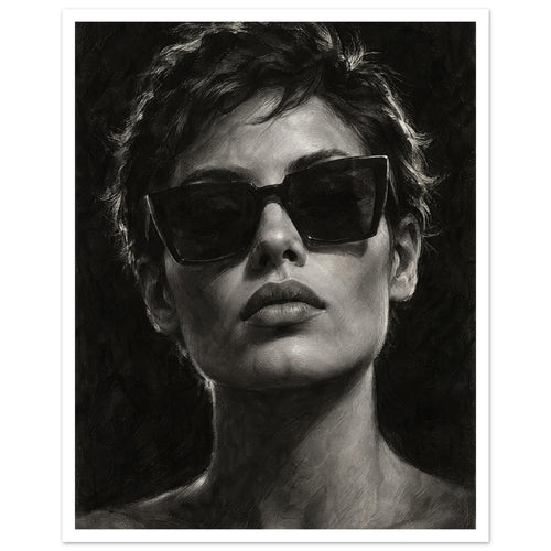 Behind the Sunglasses, a tightly cropped frontal face wearing large geometric sunglasses, with rim-lit short hair against bla