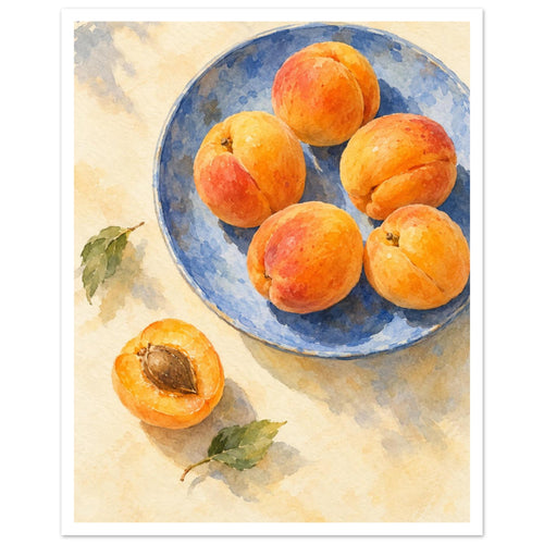 Apricots on a blue plate, with a halved apricot and green leaves on a cream surface, painted in watercolour.