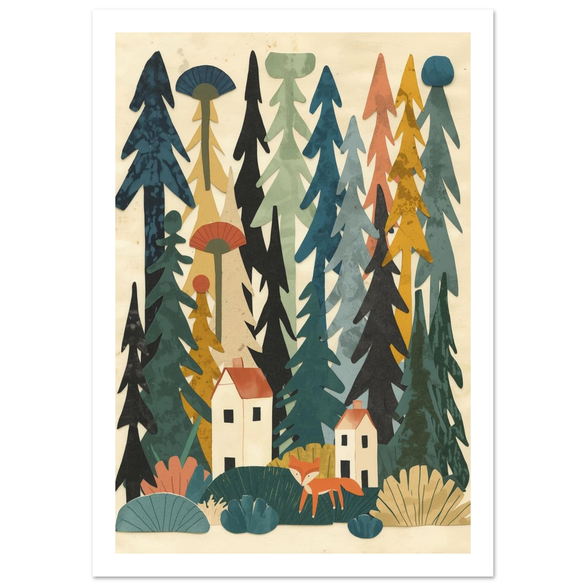 Woodland Fox And Trees Retro Art Print – White Border