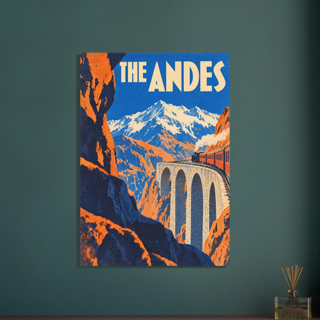 Steam train crossing a tall stone viaduct between orange cliffs, with snowy mountains and cream ‘THE ANDES’ lettering.