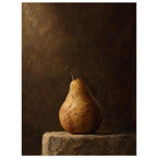 Pear on a Plinth, a single pear on rough stone against a dark brown background, its curved edge outlined by light.