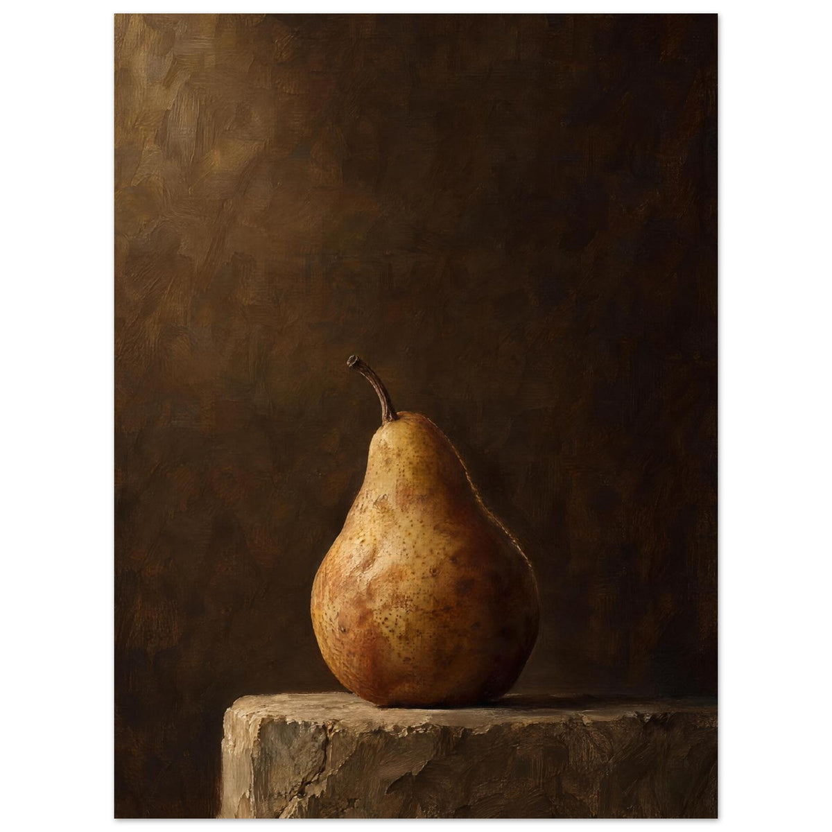 Pear on a Plinth, a single pear on rough stone against a dark brown background, its curved edge outlined by light.