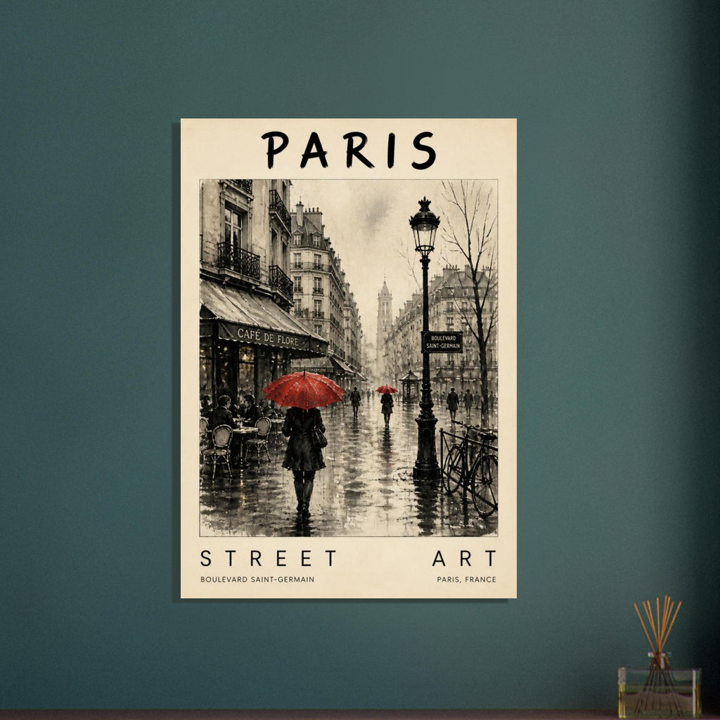 Paris street illustration with red umbrellas, Café de Flore, wet paving and an ornate lamp, bordered by cream typography.