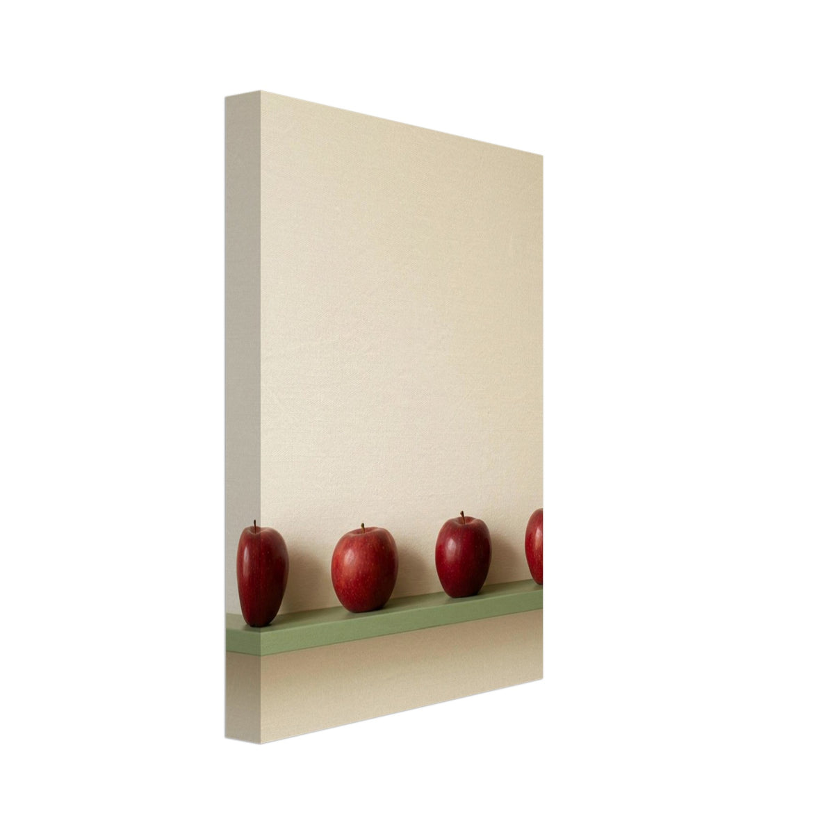 Four red apples in a row on a muted green ledge against a textured cream wall with ample empty space above.