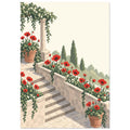 Red poppies and trailing greenery border pale stone terrace steps, with terracotta pots and tall trees in pixel art.