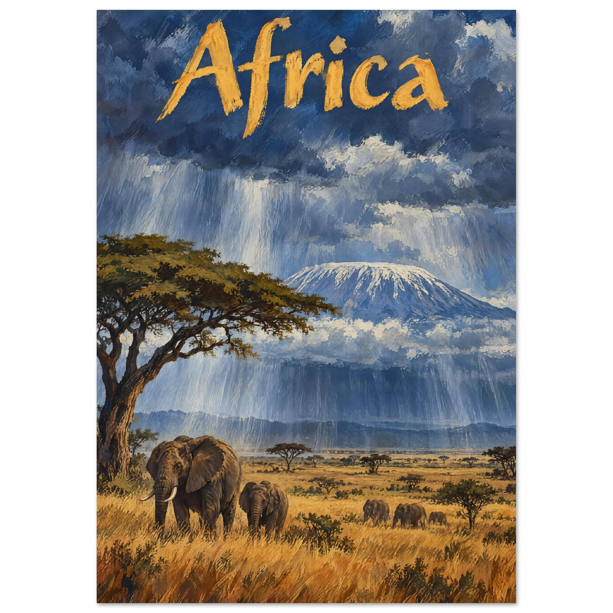 Elephants in golden grassland beneath a tree, with a snowy mountain, blue rain clouds and ochre Africa lettering above.
