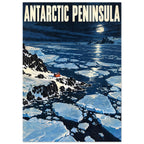 Antarctic Peninsula lettering above a moonlit blue sea with ice floes, snowy cliffs and a small red cabin.