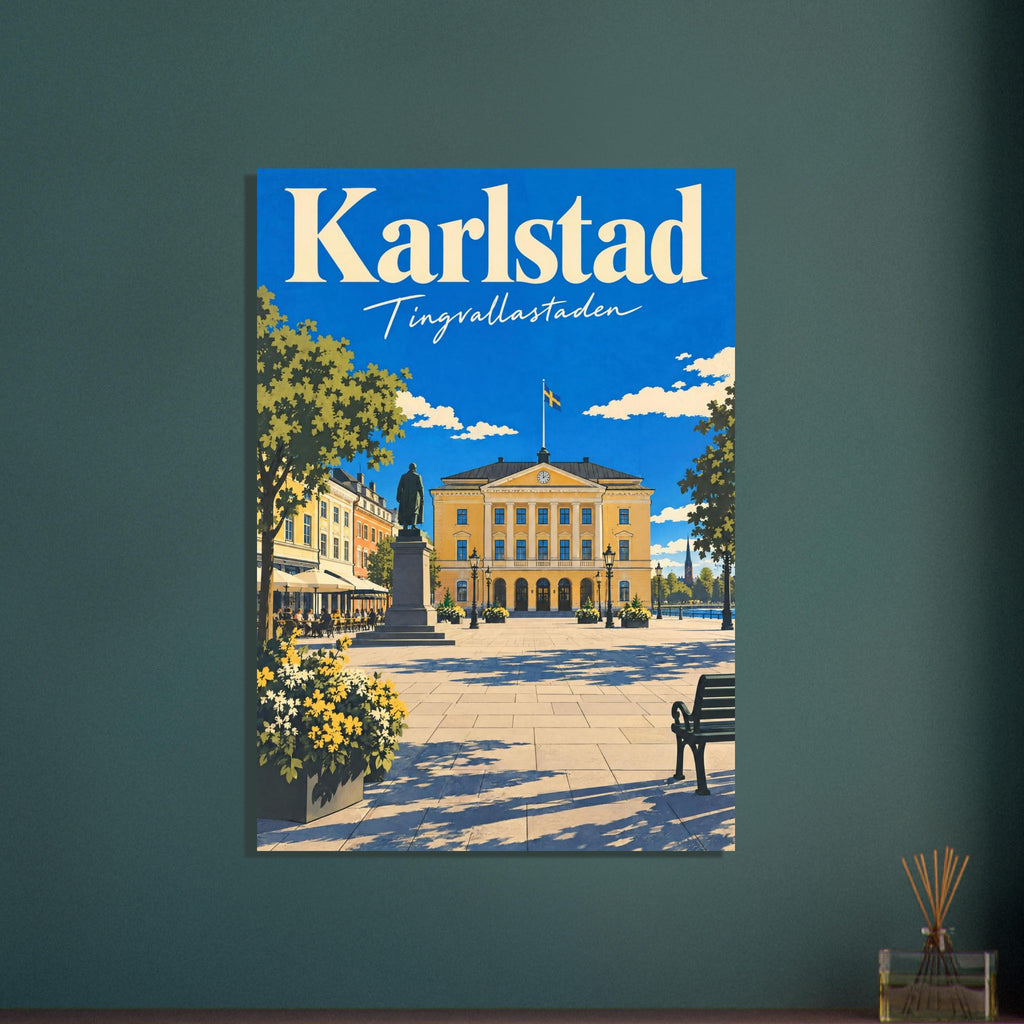 Karlstad med Stora torget och rådhuset under blå himmel, med långa skuggor över stenläggningen.