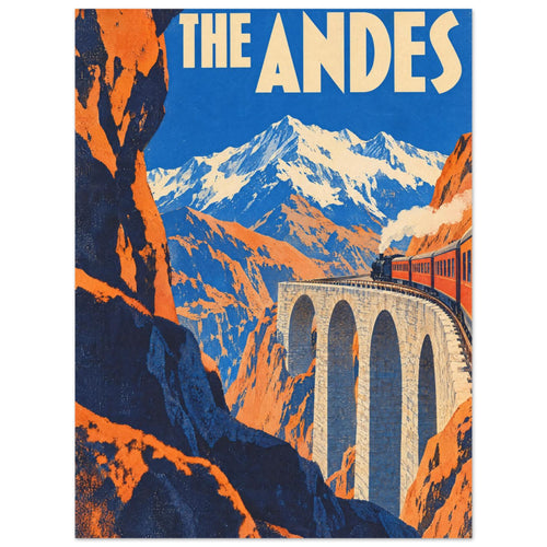 Steam train crossing a tall stone viaduct between orange cliffs, with snowy mountains and cream ‘THE ANDES’ lettering.