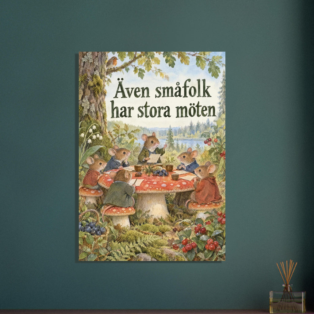 Små skogsmöss håller möte vid ett svampbord bland blåbär och lingon under texten Även småfolk har stora möten.