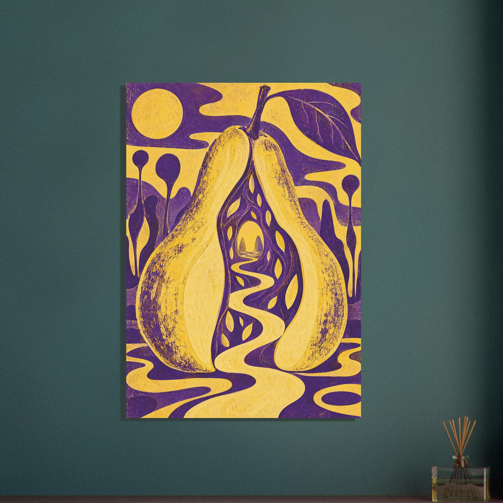 Yellow pear split around a winding path through a purple tunnel, with a large leaf and flowing yellow and purple shapes.