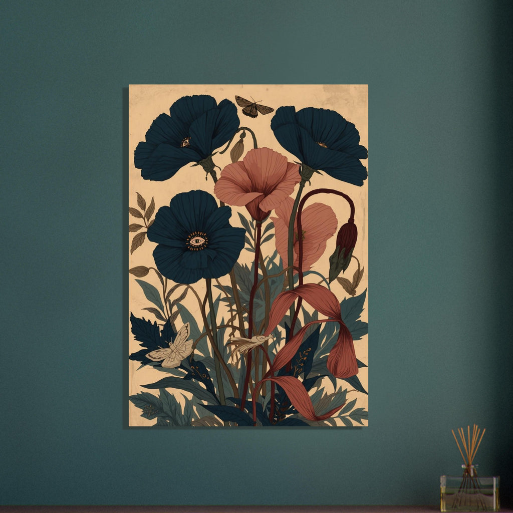 Deep blue and terracotta poppies with eye motifs, curling stems, layered leaves and winged insects on a beige background.
