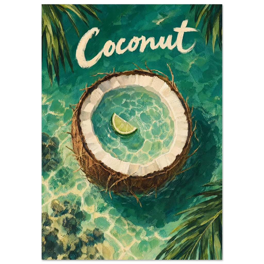 Halved coconut with a lime wedge in turquoise water, framed by palm leaves beneath cream ‘Coconut’ lettering.