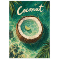 Halved coconut with a lime wedge in turquoise water, framed by palm leaves beneath cream ‘Coconut’ lettering.