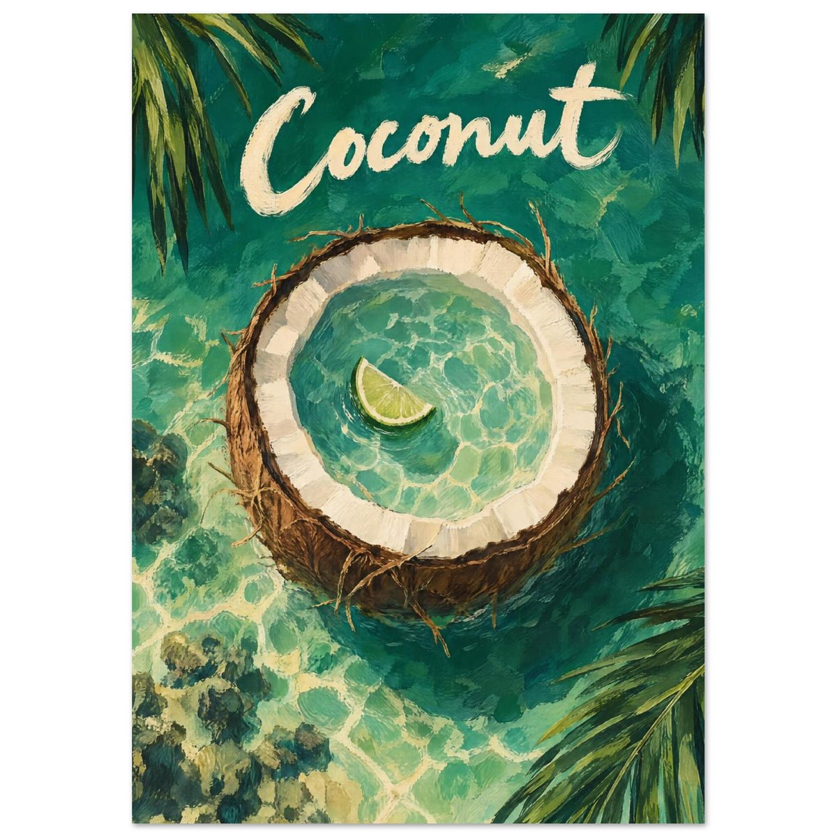 Halved coconut with a lime wedge in turquoise water, framed by palm leaves beneath cream ‘Coconut’ lettering.