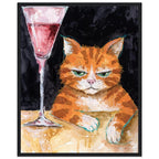 Ginger cat with green eyes resting its white paws on a golden table beside a tall glass of pink liquid, on black.