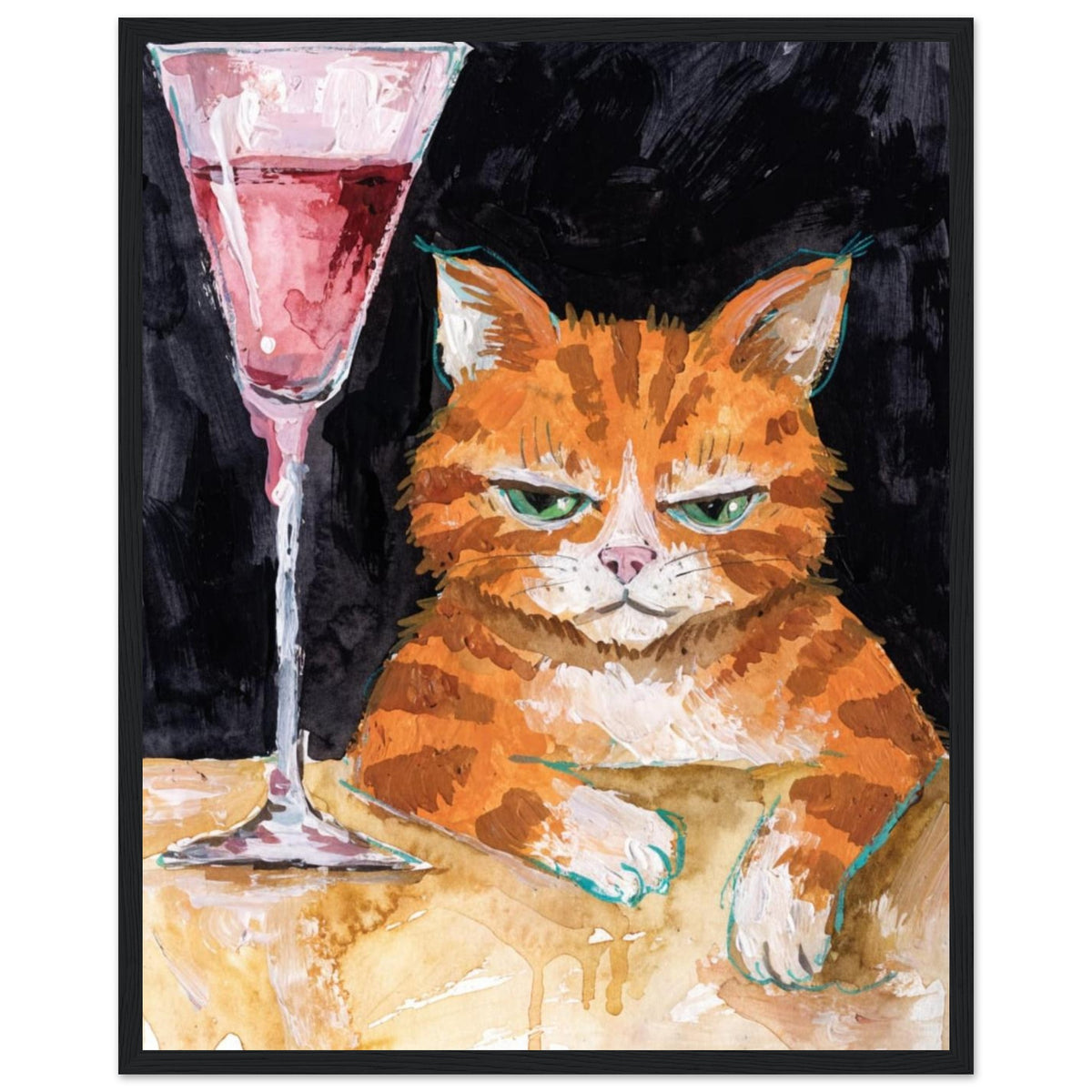 Ginger cat with green eyes resting its white paws on a golden table beside a tall glass of pink liquid, on black.