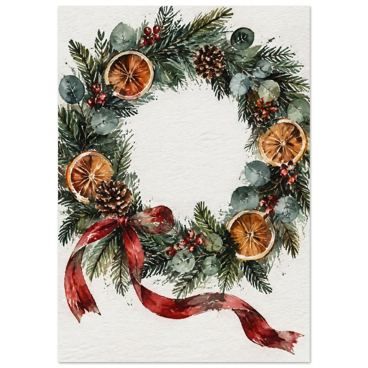 Watercolour Christmas wreath of spruce, eucalyptus, dried oranges and a red ribbon