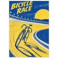 Racing bicycle on a yellow banked track beneath blue sky, with spectators, a yellow sun and ‘Bicycle Race’ lettering.