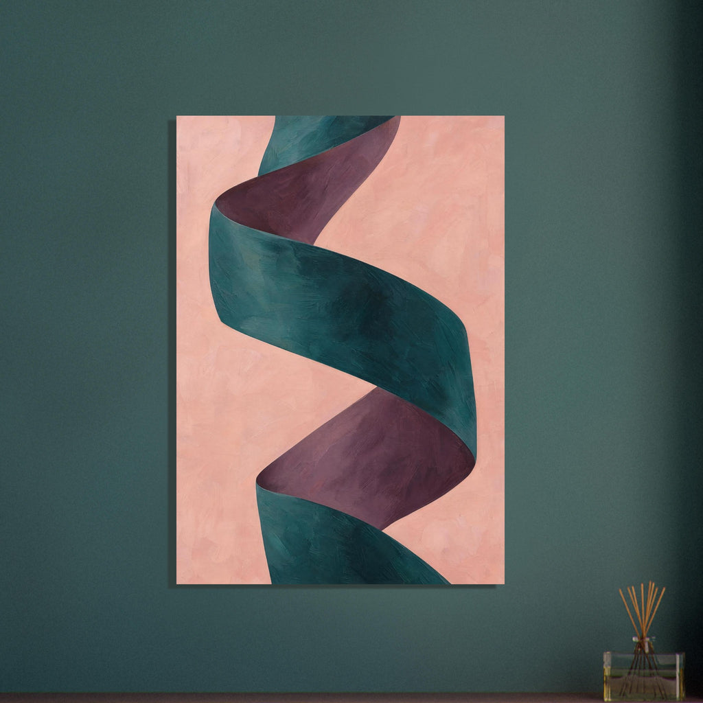 Twisting teal ribbon with plum-coloured inner folds on a textured peach background.