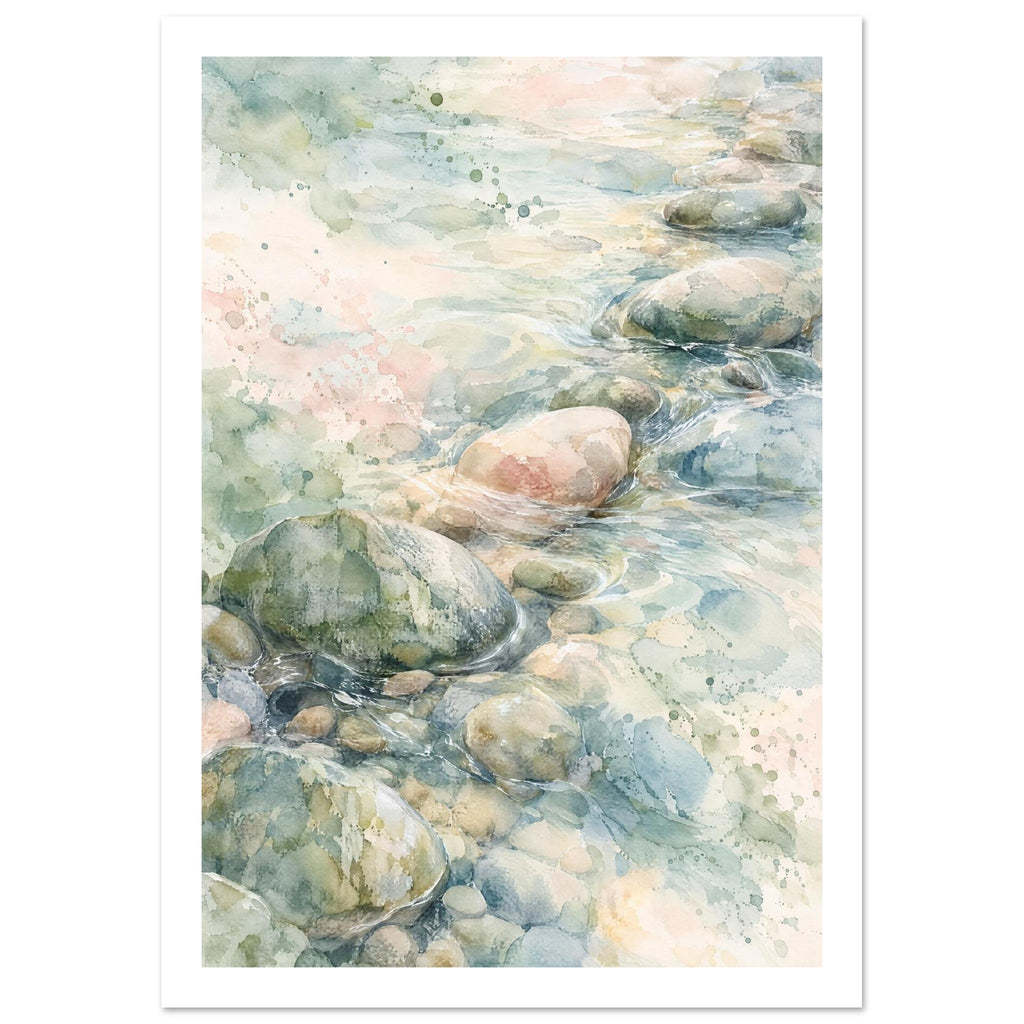 Watercolour of rounded pebbles in shallow flowing water, with soft blue, green and cream washes and fine white ripples.