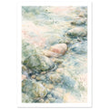 Watercolour of rounded pebbles in shallow flowing water, with soft blue, green and cream washes and fine white ripples.