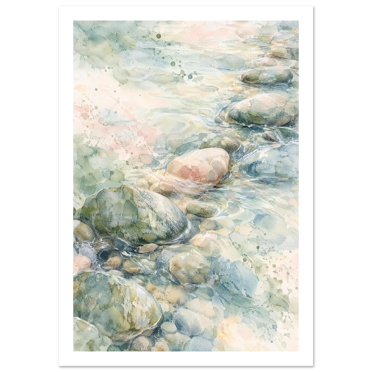 Watercolour of rounded pebbles in shallow flowing water, with soft blue, green and cream washes and fine white ripples.
