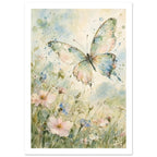 Pastel butterfly with spread wings above pink, blue and white wildflowers in soft green and blue watercolour washes.