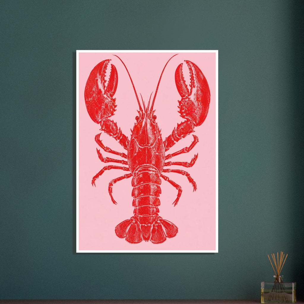 Red lobster with large raised claws, long antennae and a textured shell on a plain pink background.