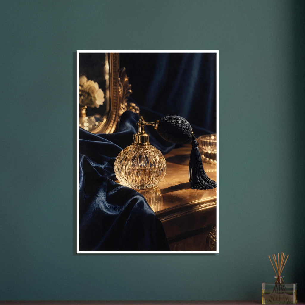 Faceted glass perfume bottle with black bulb and tassel on a golden tabletop beside navy drapery and an ornate mirror.