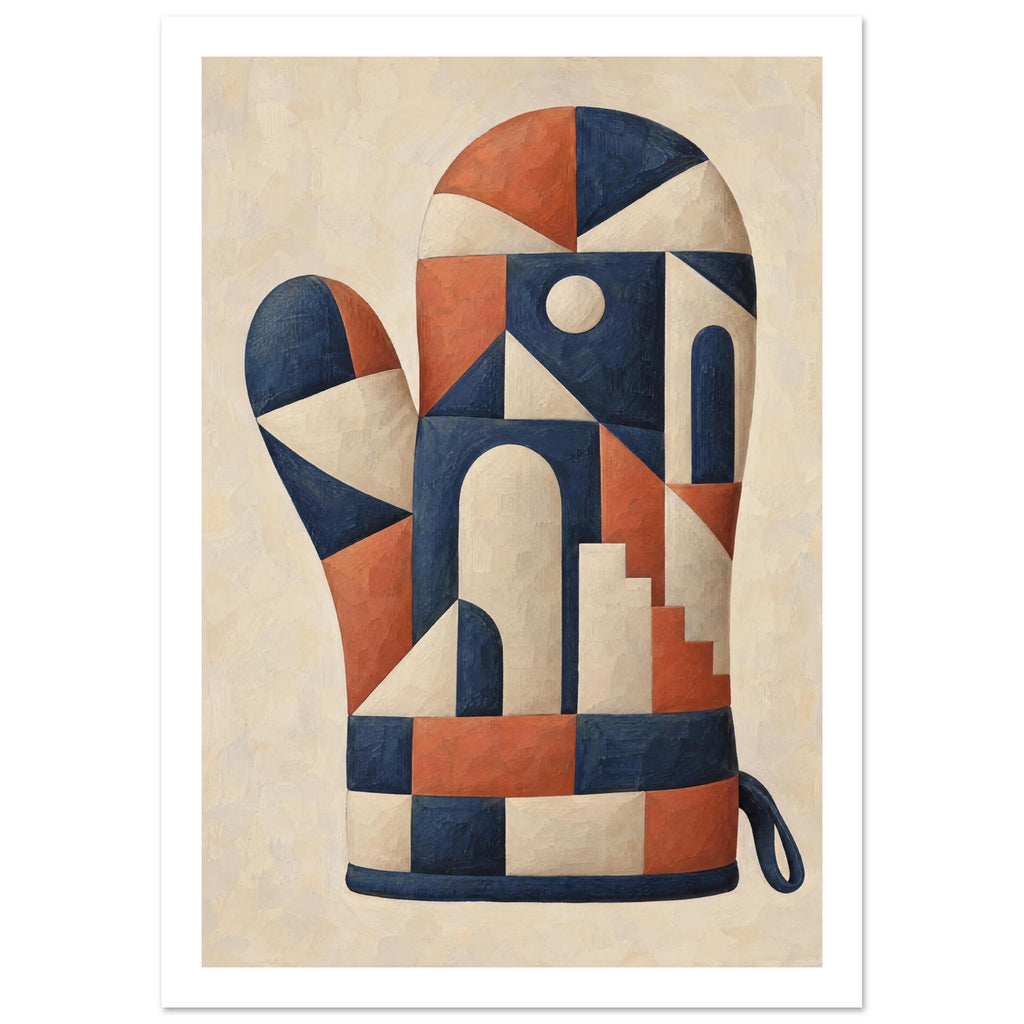 Oven glove with navy, terracotta and cream geometric shapes, arches and steps on a textured cream background.