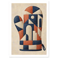 Oven glove with navy, terracotta and cream geometric shapes, arches and steps on a textured cream background.