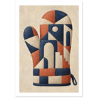 Oven glove with navy, terracotta and cream geometric shapes, arches and steps on a textured cream background.